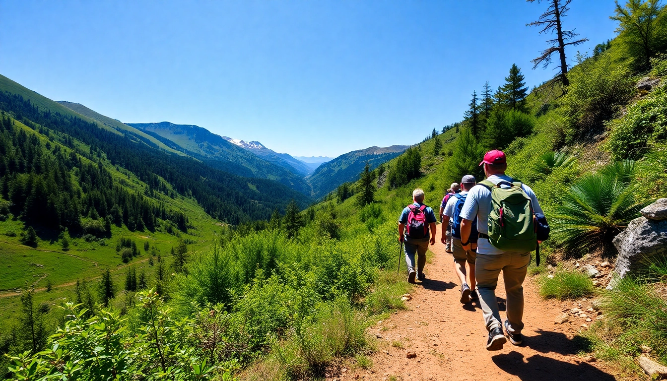 A guided hike through lush mountain terrain with a trail guide leading a group of hikers on a sunny day, emphasizing adventure and nature exploration.