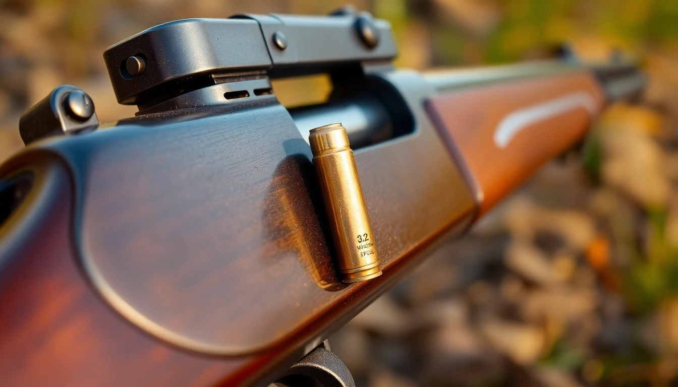 The 32WIN cartridge being loaded into a vintage Winchester rifle in a hunting setting, showcasing historical firearm appeal.