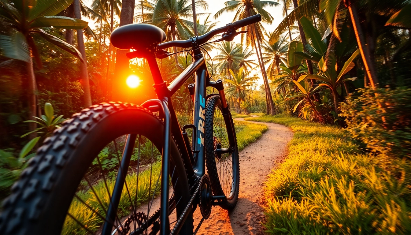 Trek adventure bike tackling lush Indonesian mountain trail during sunrise for outdoor enthusiasts.