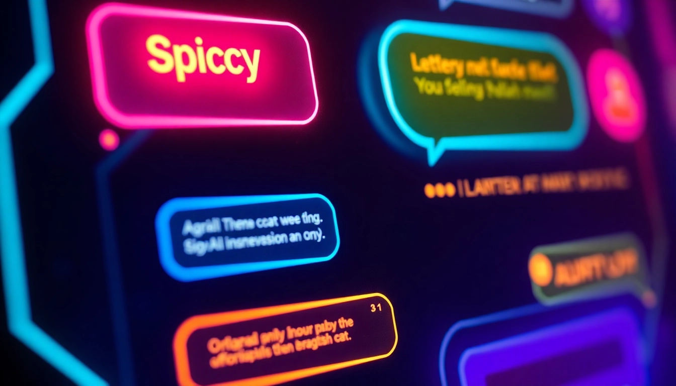 Spicy AI Chat interface with glowing chat bubbles and vivid holographic visuals engaging users in a realistic roleplay environment for 2025.