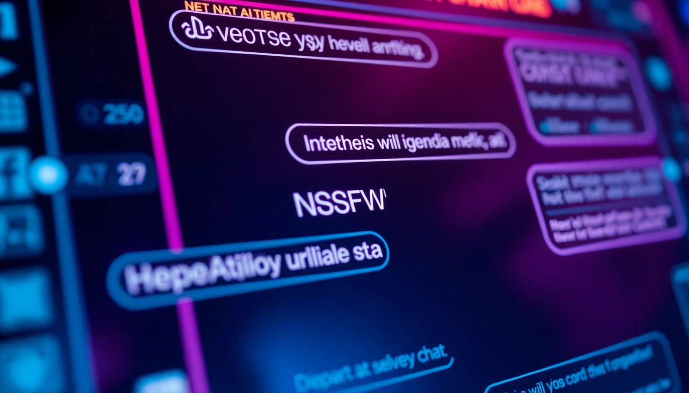 Engaging NSFW AI chat scenario featuring a close-up of a stylish, digital AI interface with glowing elements, illustrating unfiltered conversations for users.