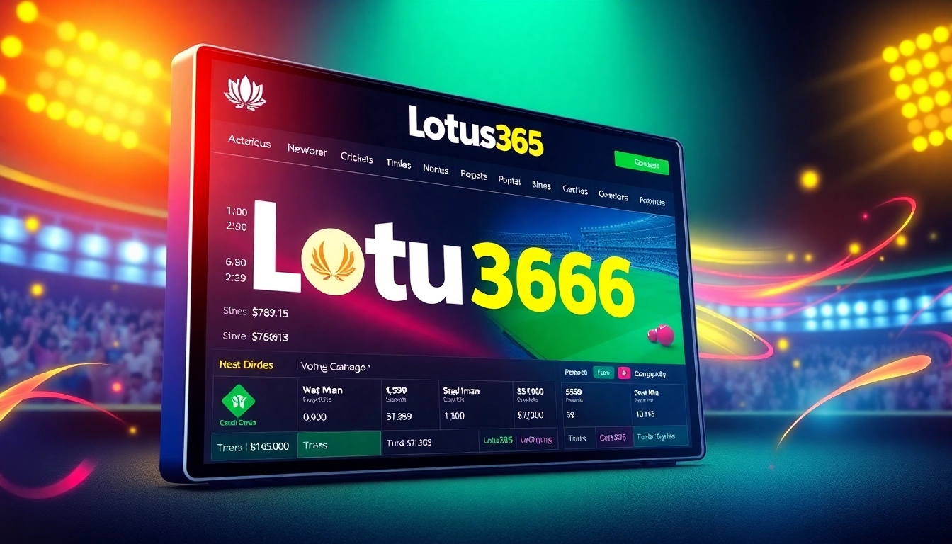 Lotus365 online platform showcasing live cricket betting and gaming interface with vibrant colors and engaging visuals for users.
