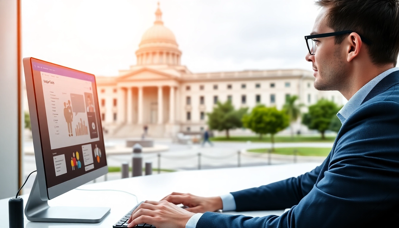 Latest Govt Jobs updates on online portal with government buildings in the background, showing