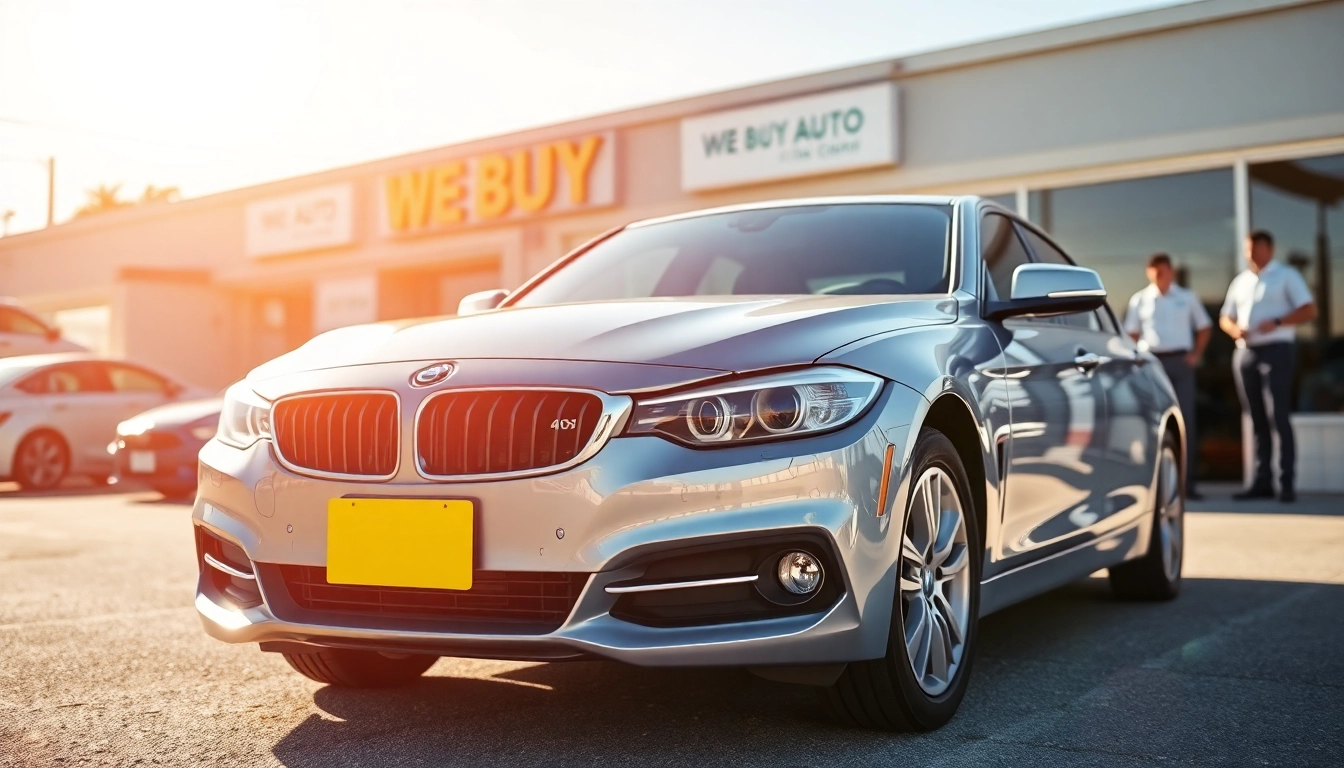 Proven compro auto service illustrating professional staff evaluating a used car in a bright