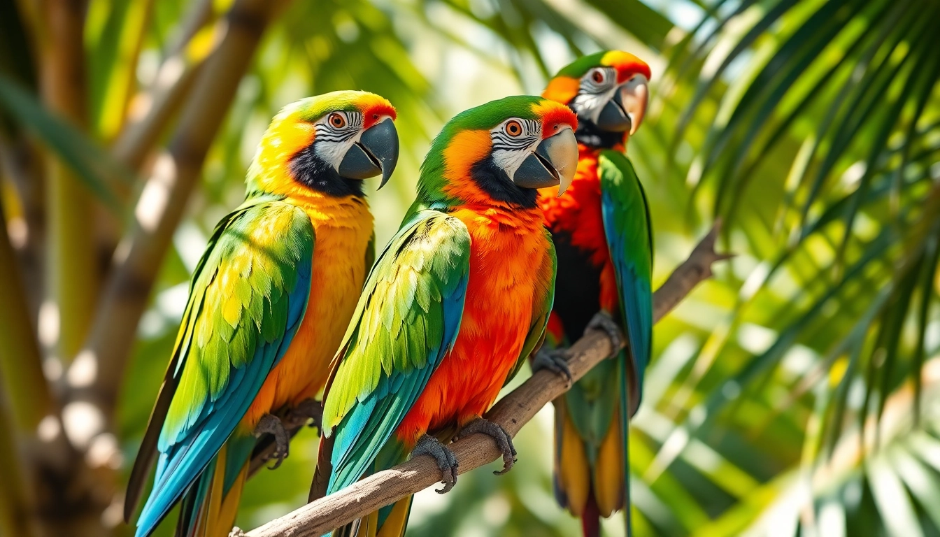 A group of vibrant parrots resting on branches in a lush tropical environment showcasing their