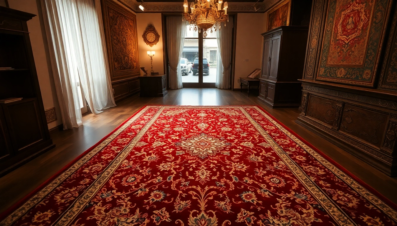Showroom with exquisite Tappeto Persiano Milano displayed on a wooden floor, detailed patterns